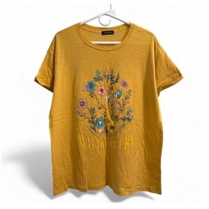 Zutter Mustard Yellow Wildflowers Graphic Tee Women Large Cotton T-Shirt